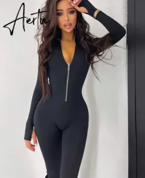 Zipper Neck Solid Long Sleeve Jumpsuit Women Fall Slim Monos Mujer Elegante комбинезон женский Combinaison Femme