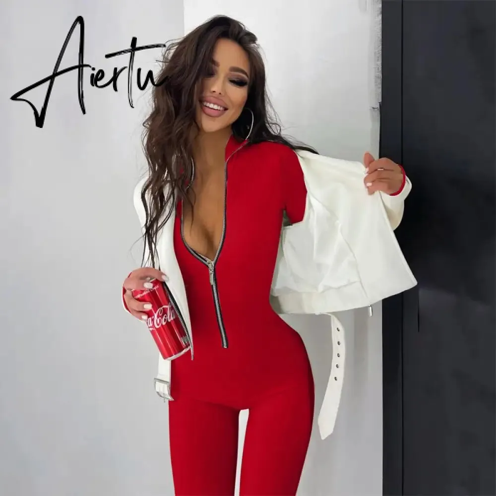 Zipper Neck Solid Long Sleeve Jumpsuit Women Fall Slim Monos Mujer Elegante комбинезон женский Combinaison Femme