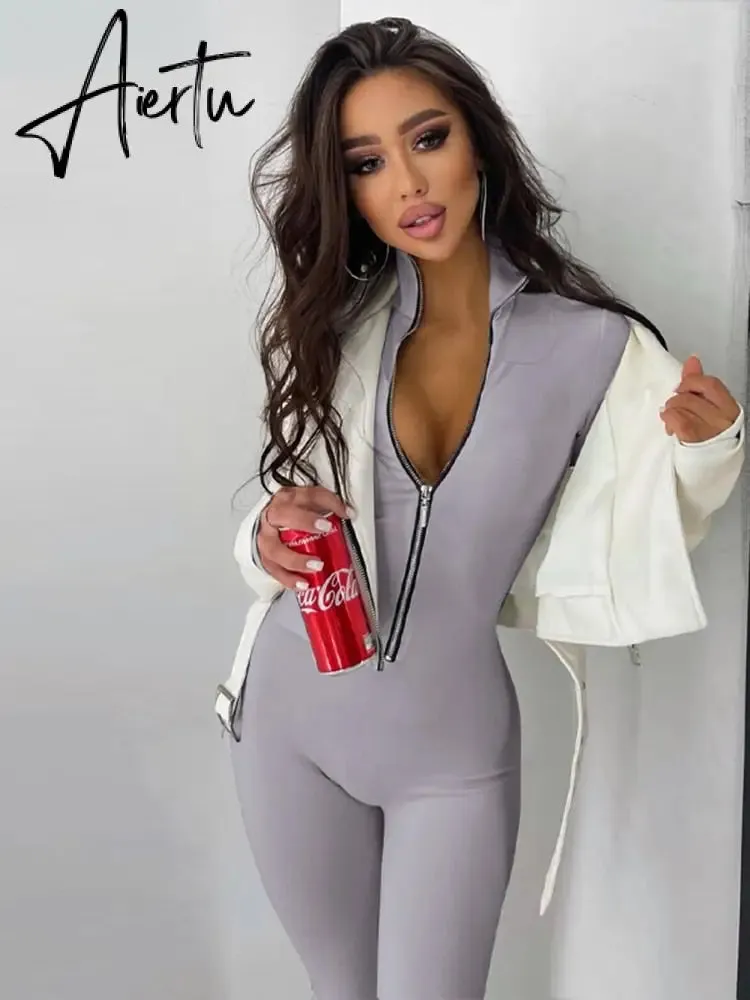 Zipper Neck Solid Long Sleeve Jumpsuit Women Fall Slim Monos Mujer Elegante комбинезон женский Combinaison Femme