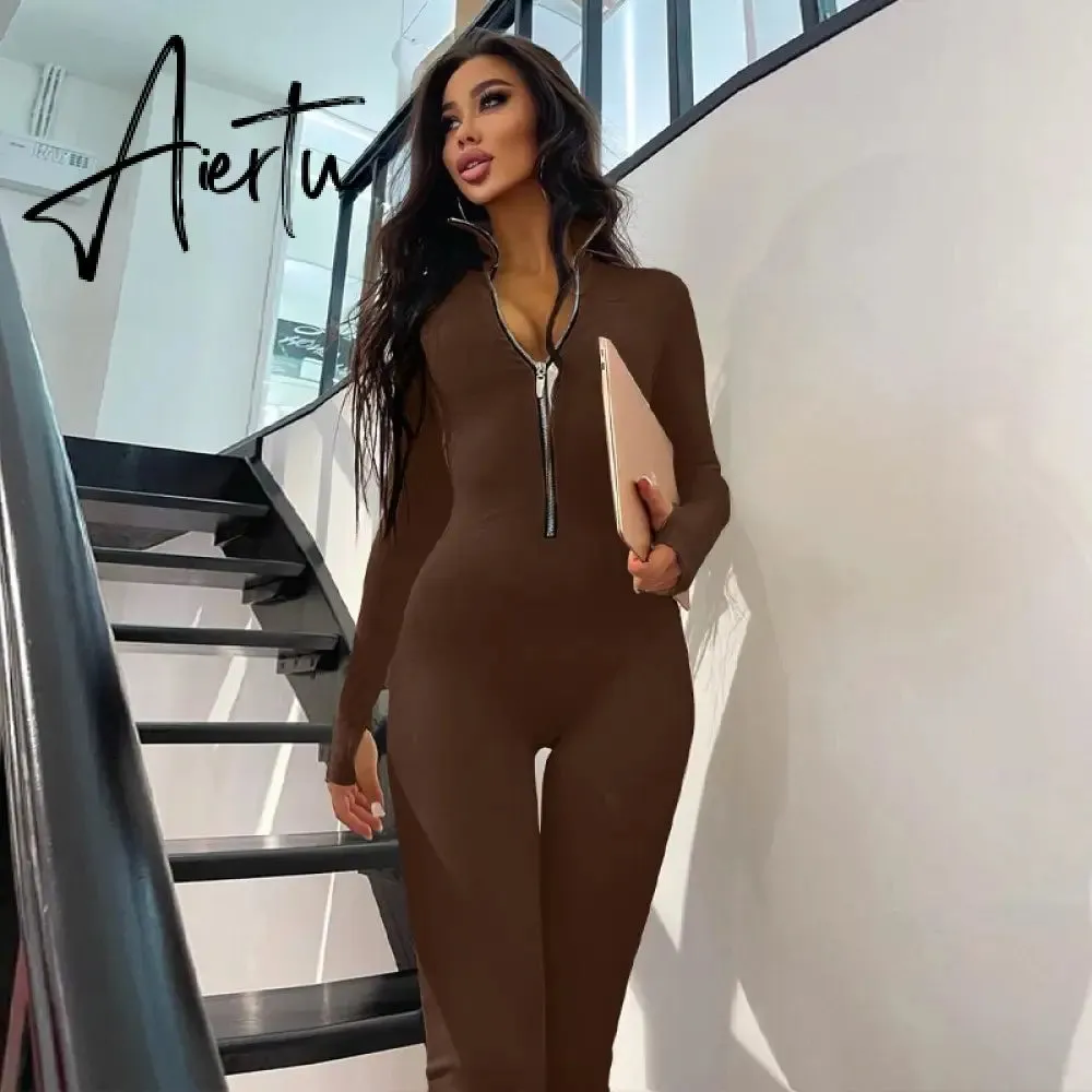 Zipper Neck Solid Long Sleeve Jumpsuit Women Fall Slim Monos Mujer Elegante комбинезон женский Combinaison Femme